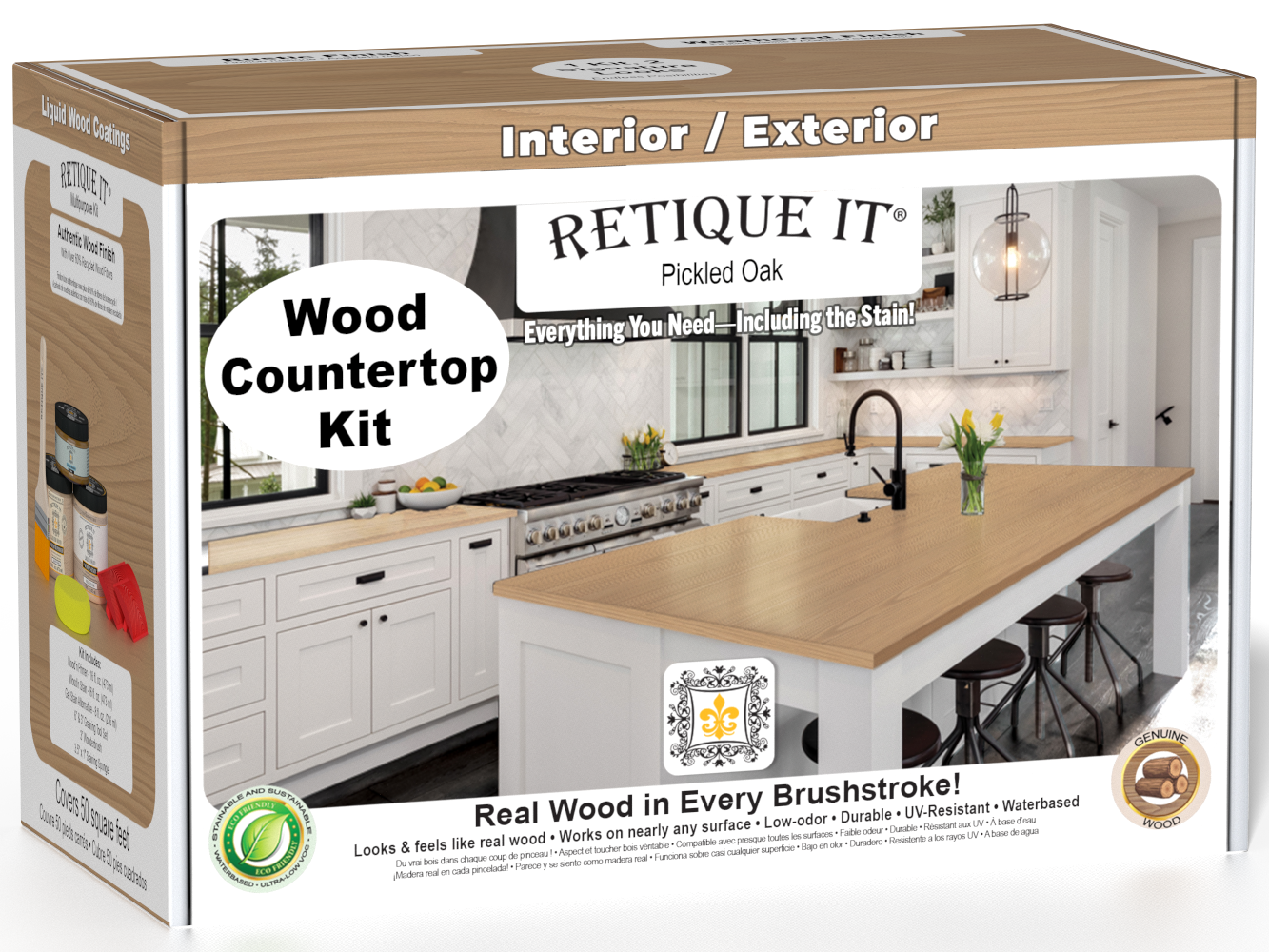 Retique It® pickled oak countertop kit for kitchen islands, featuring stain application on natural wood surface.
