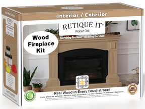 Retique It® Fireplace Wood'n Finish Kit in Pickled Oak stain, full fireplace project with stain bottles and application tools.
