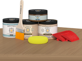 Retique It® Wood'n Finish Kit in Pickled Oak stain, double size, shown on a tabletop surface, ideal for wood finishing projects.
