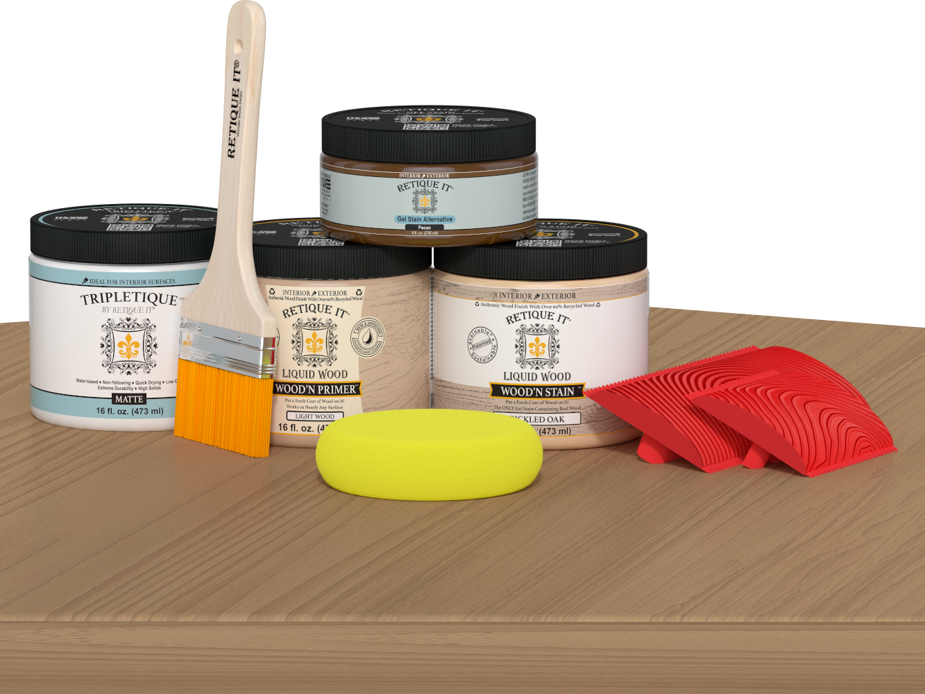 Retique It® Pickled Oak countertop kit for kitchen island with stain finish, displayed on a modern kitchen table.
