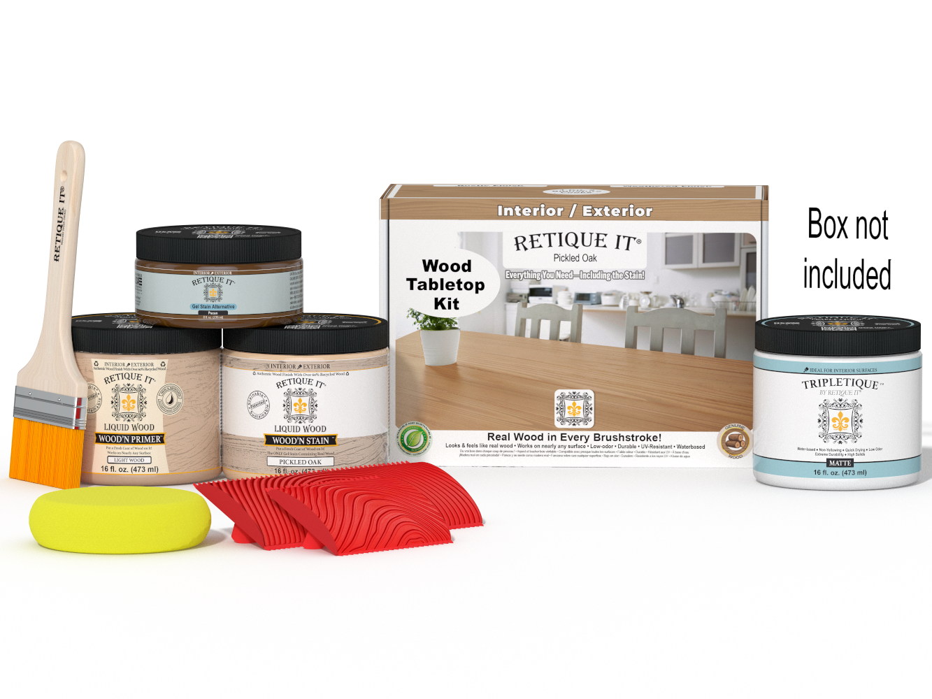 Retique It® Wood'n Finish Kit for tabletops in pickled oak stain, contains stain and finishing supplies in double size package.
