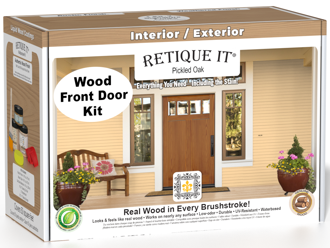 Retique It Wood'n Finish front door kit in Pickled Oak stain showing a finished wooden door with natural grain detail.