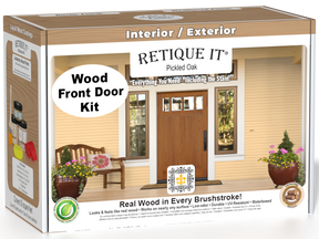 Retique It Wood'n Finish front door kit in Pickled Oak stain showing a finished wooden door with natural grain detail.