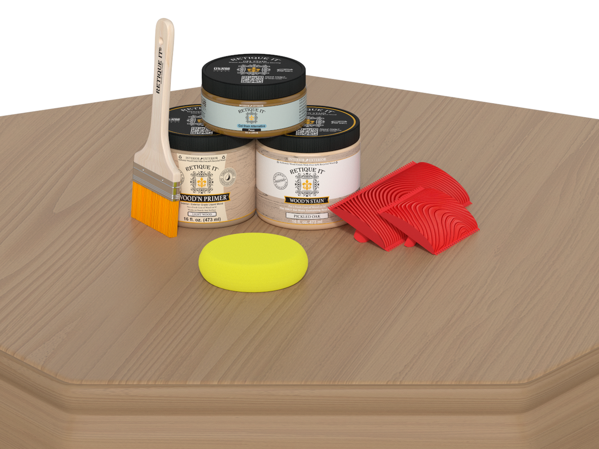 Retique It® Pickled Oak countertop kit for kitchen island, showing stained wood surface with natural grain and finish.