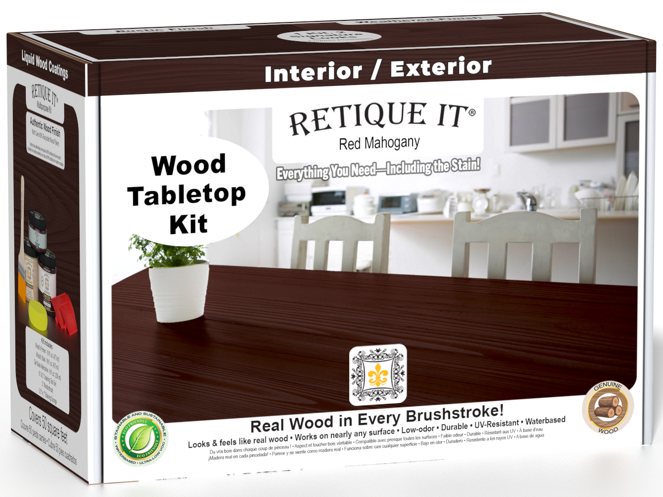 Retique It® Wood'n Finish Kit double size in Red Mahogany stain, featuring application tools and sample wood surface.