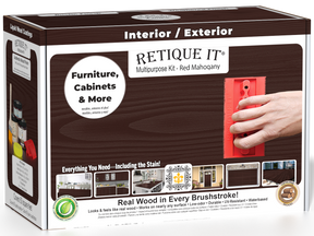 Retique It® Wood'n Finish Kit in Red Mahogany for multi-purpose wood finishing, shown in the box with brushes and supplies.