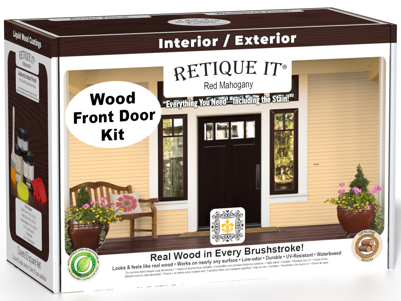 Retique It Wood'n Finish Front Door Kit in Red Mahogany stain, featuring a door with a rich, warm wood finish and detailed grain.