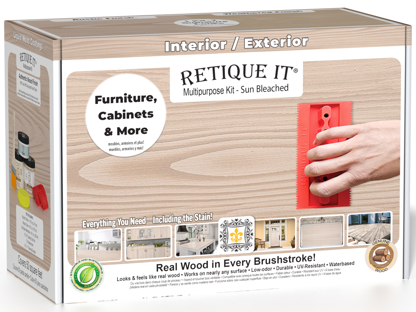 Sun-bleached Wood'n Kit (Med) by Retique It® for exterior wood finishing, includes top coat and application tools in a box.