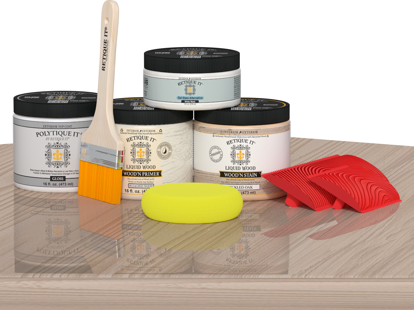 Sun-bleached Multi-purpose Wood'n Kit by Retique It® with exterior top coat on table, featuring wood finish application tools and sample wood.