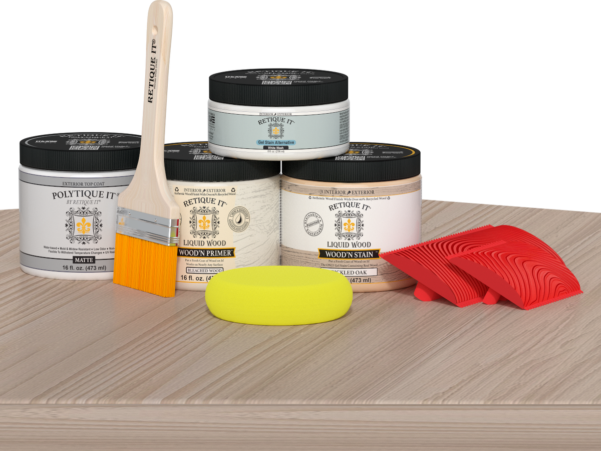 Sun-bleached Multi-purpose Wood'n Kit by Retique It® with exterior top coat, displayed on a table for wood finishing projects.