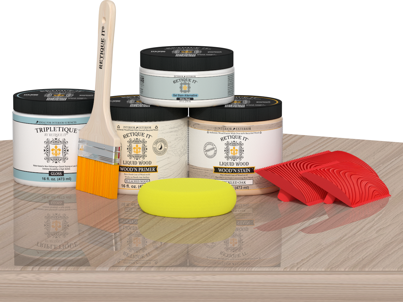 Sun-bleached wood finish kit by Retique It® for interior top coats, featuring a multi-purpose Wood'n Kit in medium size on a table.