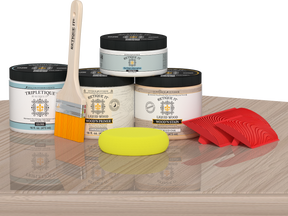 Sun-bleached wood finish kit by Retique It® for interior top coats, featuring a multi-purpose Wood'n Kit in medium size on a table.