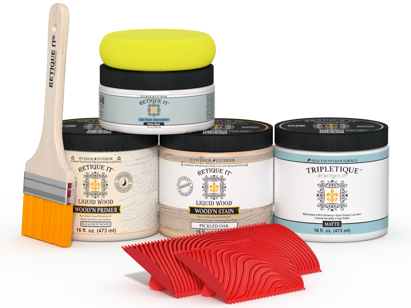 Sun bleached wood finishing kit from Retique It® for kitchen island countertops, featuring wood grain textures and natural finish details.