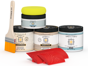 Sun bleached wood finishing kit from Retique It® for kitchen island countertops, featuring wood grain textures and natural finish details.