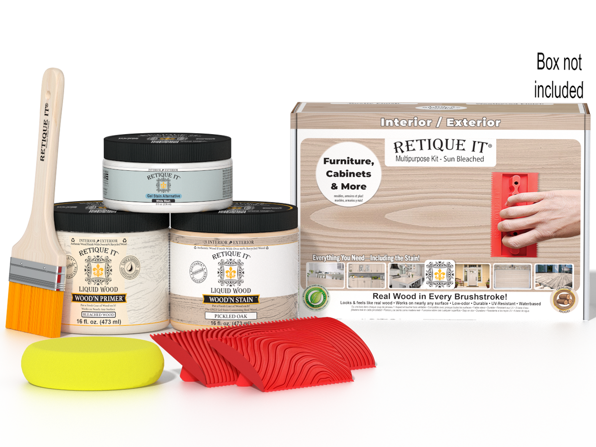 Sun-bleached Multi-purpose Wood'n Kit by Retique It® for finishing and staining wood surfaces, includes all necessary tools and materials.
