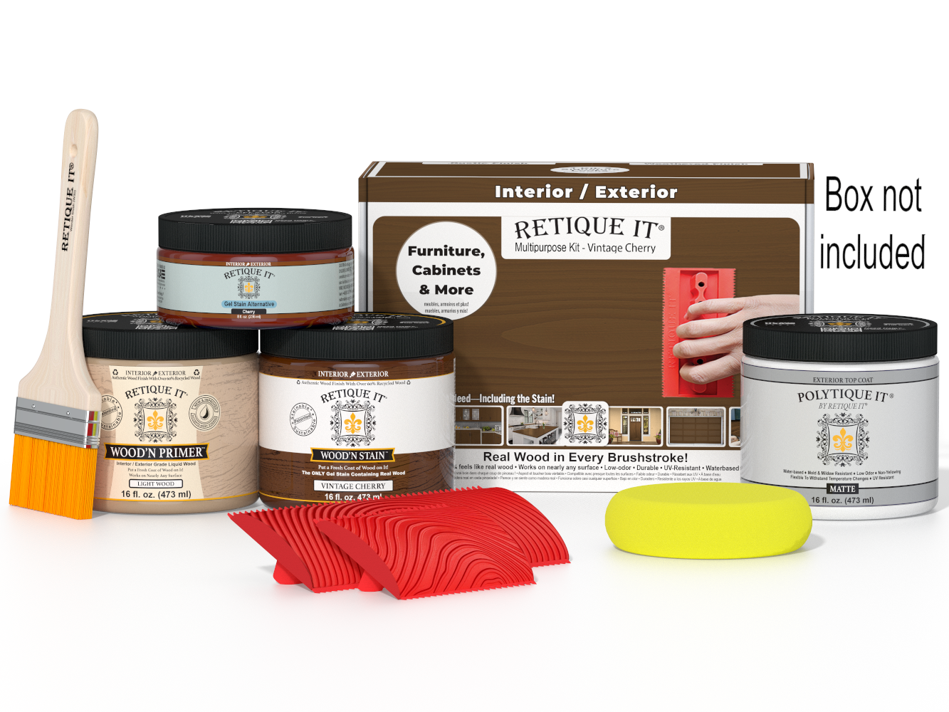 Multi-purpose Wood'n Kit (Med) in Vintage Cherry by Retique It with exterior top coat, showcasing the wood finish kit in a box.