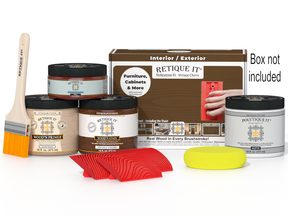 Multi-purpose Wood'n Kit (Med) in Vintage Cherry by Retique It with exterior top coat, showcasing the wood finish kit in a box.