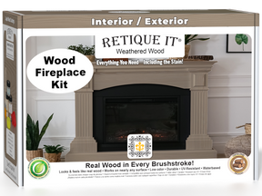 Retique It® Fireplace Wood'n Finish Kit in Weathered Wood stain, showing a full fireplace with textured wood finish and kit components.