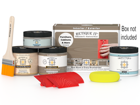 Retique It® Wood'n Finish Kit in Weathered Wood, interior top coat for multi-purpose wood finishing projects, shown in box.