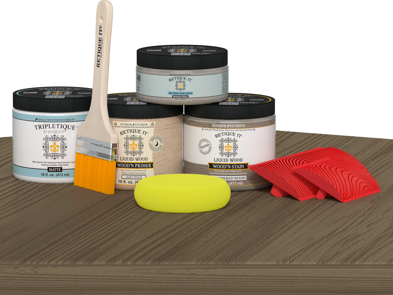 Retique It® Weathered Wood Tabletop Wood'n Finish Kit, double size stain set with applicator on table surface