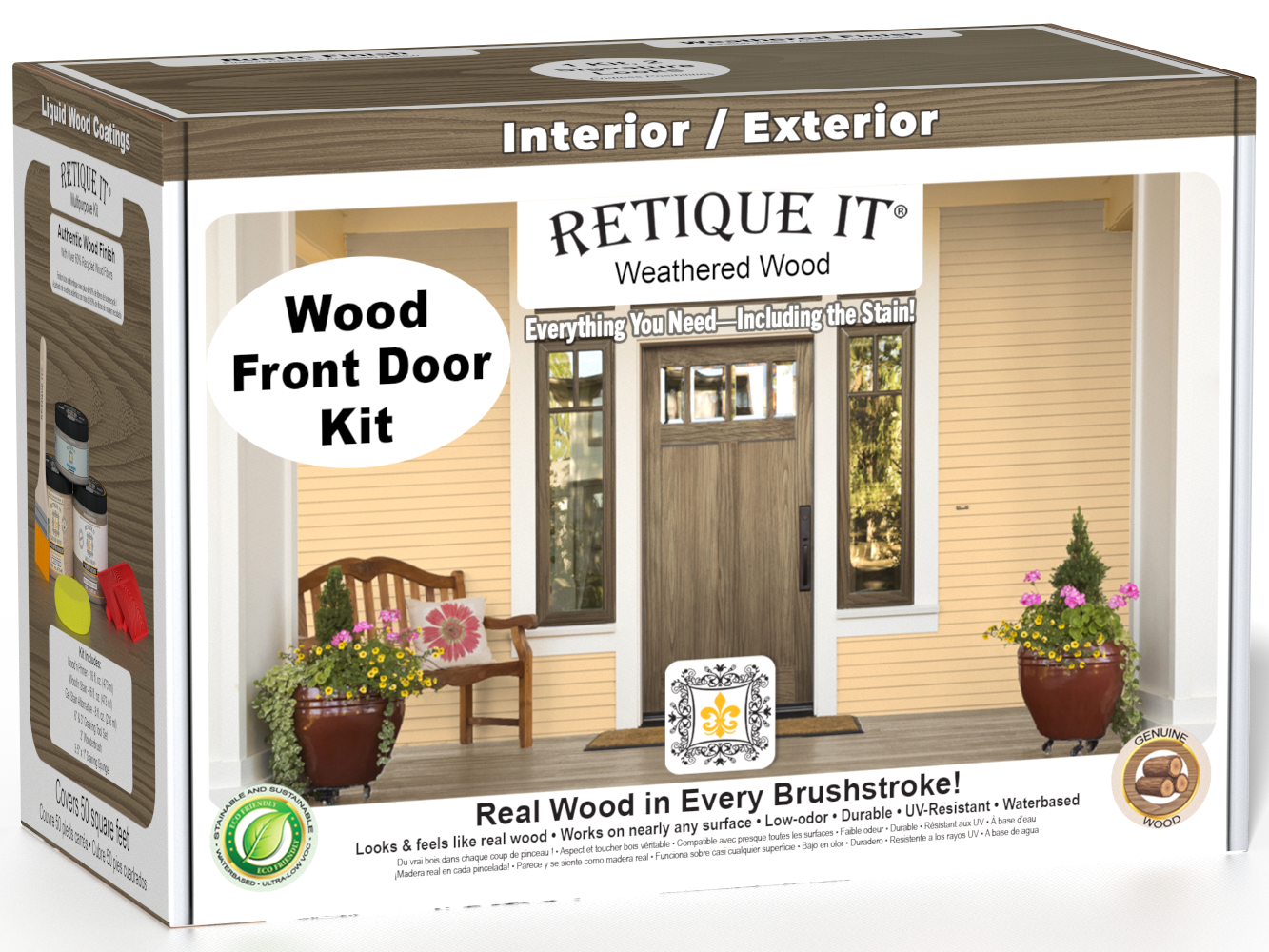 Retique It Wood'n Finish Front Door Kit in Weathered Wood stain, includes stain and finishing supplies for wood doors.