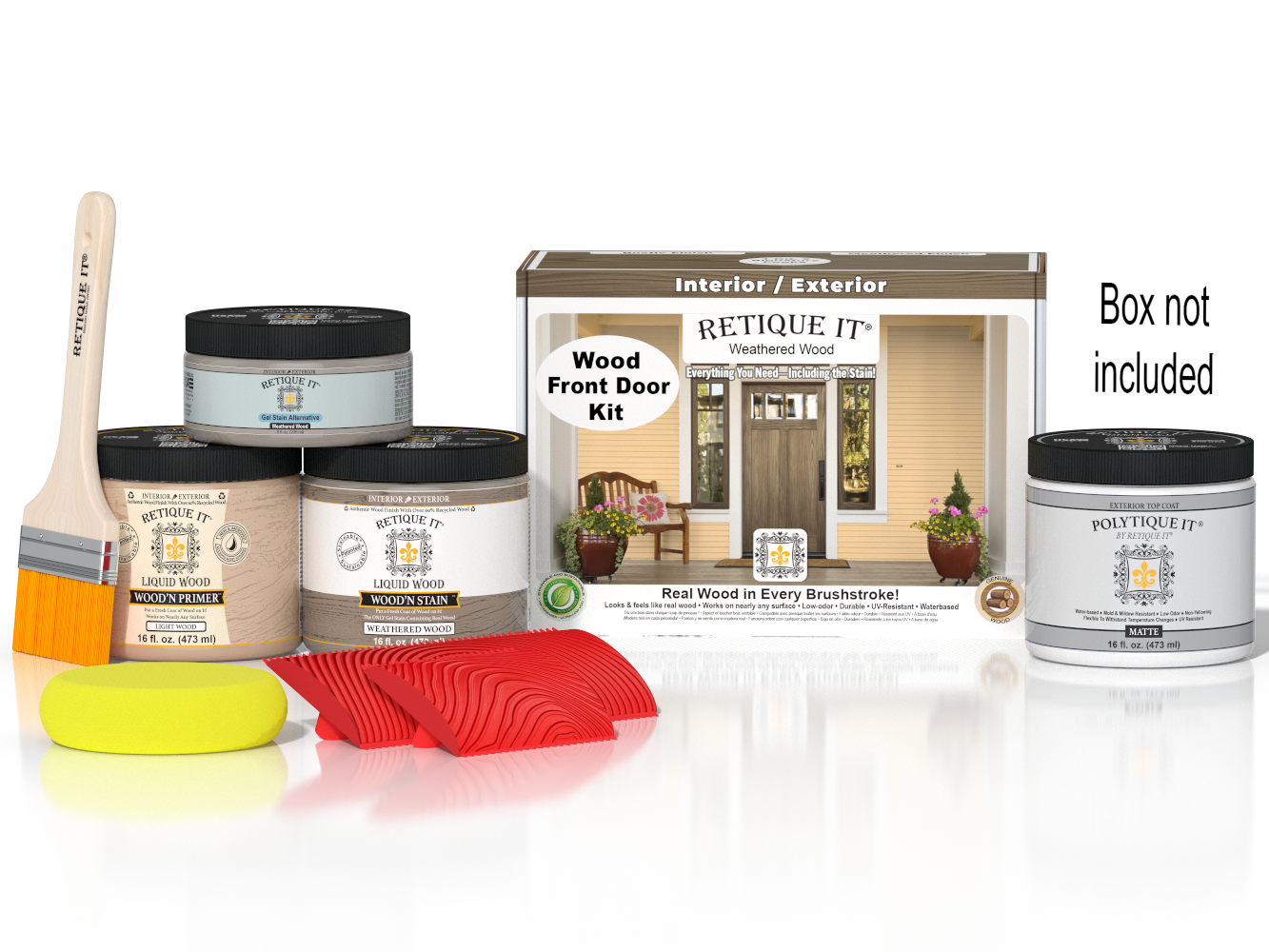 Retique It Wood'n Finish Front Door Kit in Weathered Wood stain, featuring natural wood grain and weathered finish for exterior doors.