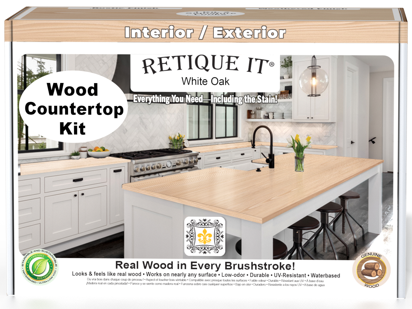 White oak kitchen island countertop kit by Retique It® with stain, shown in a 3D front view highlighting the wood grain and finish.