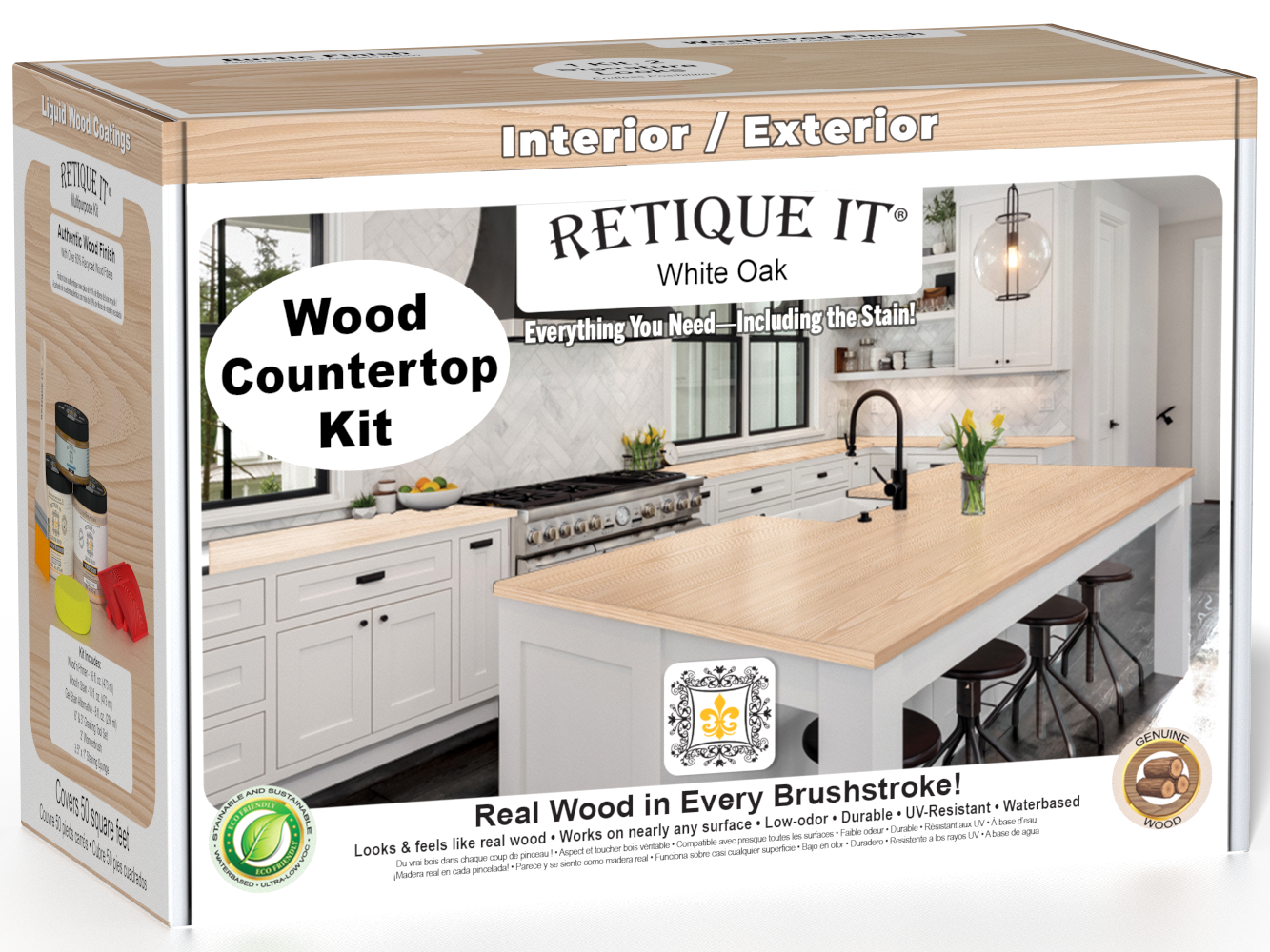 White oak kitchen island countertop with Retique It® stain, showcasing a smooth, natural wood finish and durable surface.