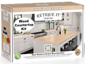 White oak kitchen island countertop with Retique It® stain, showcasing a smooth, natural wood finish and durable surface.