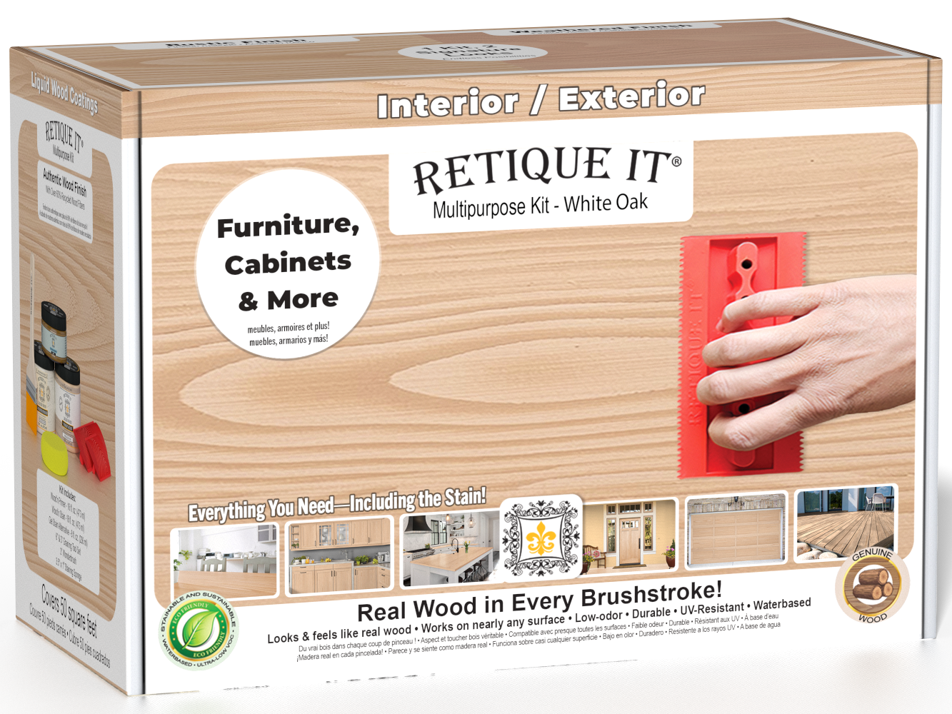Retique It® Wood'n Finish Kit in White Oak, interior top coat for multi-purpose wood finishing, displayed in box.