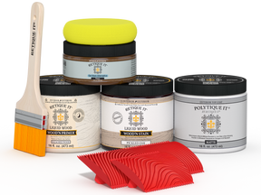 Multi-purpose Wood'n Kit in white oak finish by Retique It® for exterior wood projects, includes top coat and application tools.