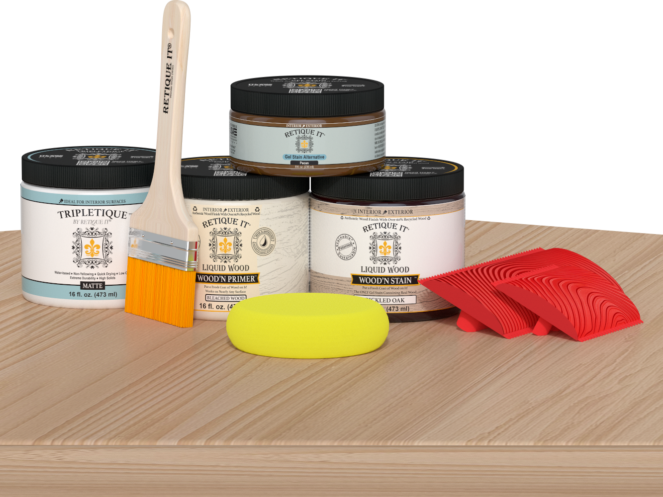 Retique It® Wood'n Kit in White Oak for interior top coat, showing the multi-purpose wood finish kit on a table.
