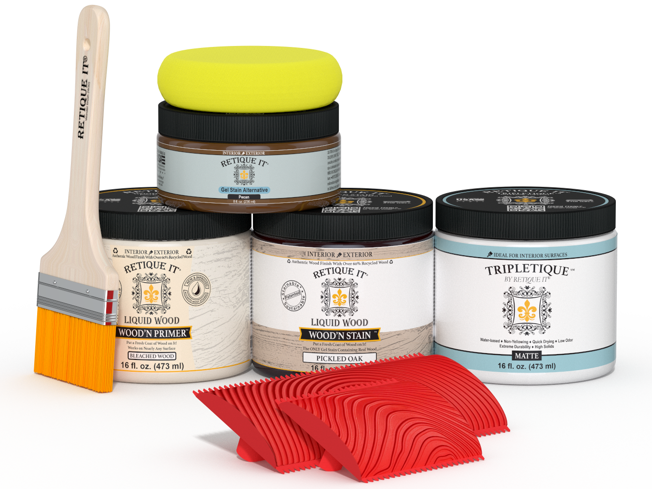 Retique It® Wood'n Finish Kit for tabletops in white oak stain, shown with stain bottles and application tools.