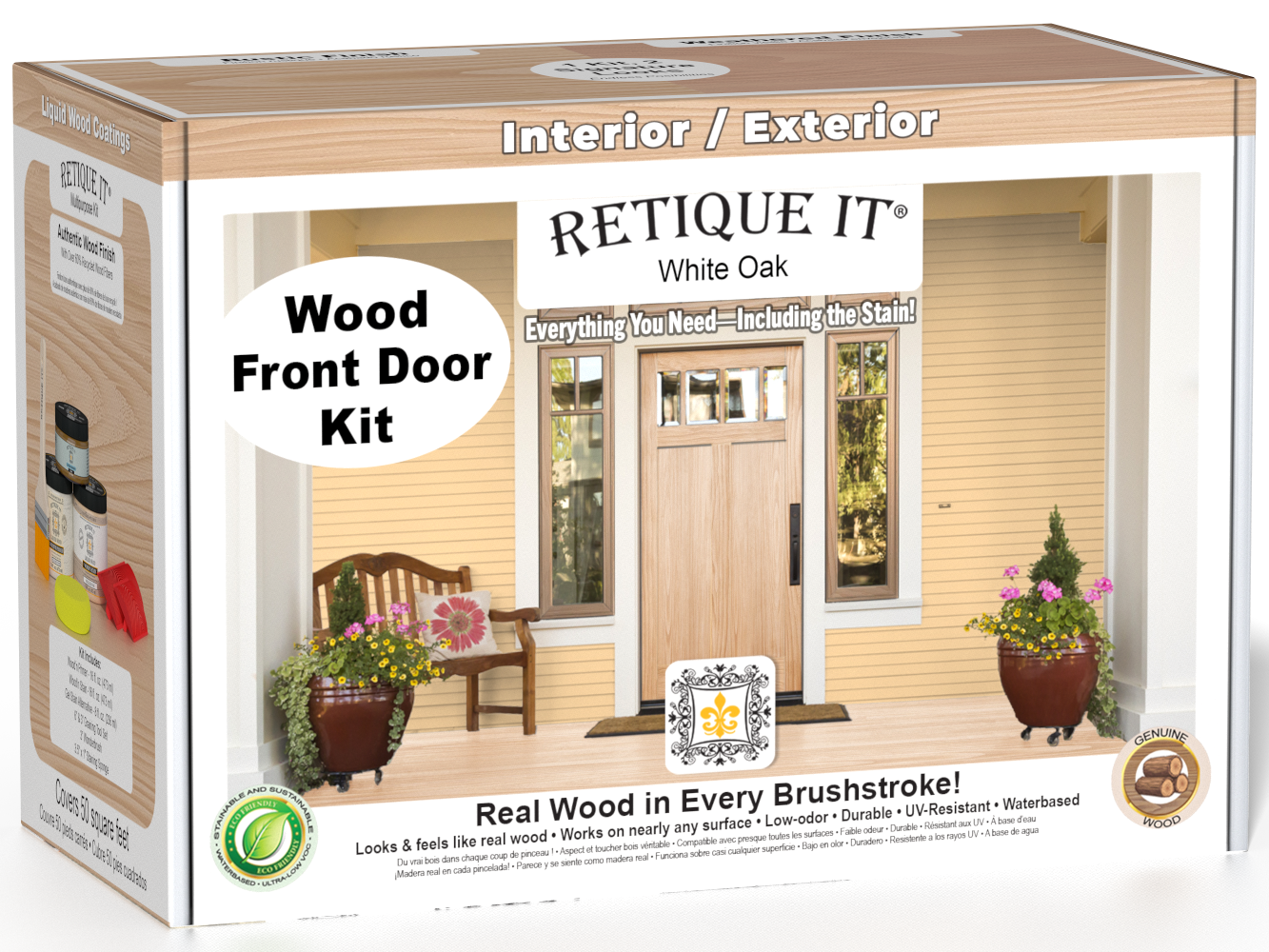 Retique It Wood'n Finish Front Door Kit in White Oak stain, featuring a front door with natural wood grain and finish details.