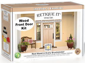 Retique It Wood'n Finish Front Door Kit in White Oak stain, featuring a front door with natural wood grain and finish details.