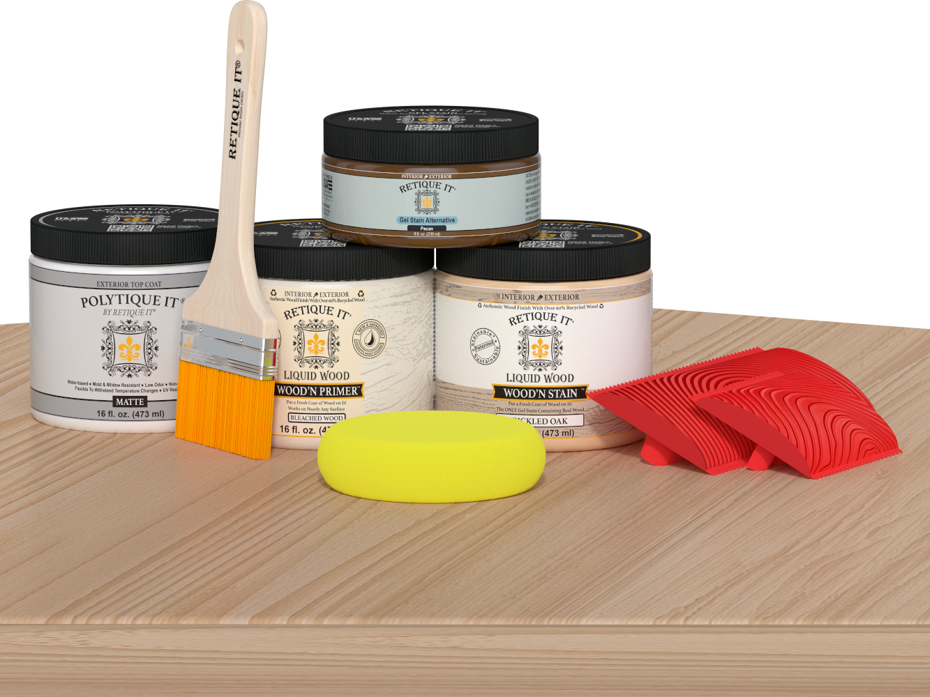 Retique It Wood'n Finish Front Door Kit in White Oak stain, showing wood grain and packaging on a table.