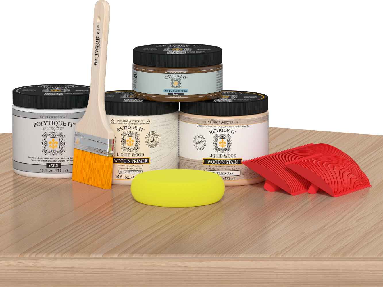 Retique It White Oak Wood'n Finish Front Door Kit stain set displayed on a table, showcasing wood finish options for front doors.