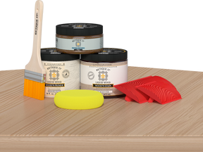 Retique It® Wood'n Finish Kit in White Oak on a table, showing the multi-purpose wood finish kit for furniture and woodworking projects.