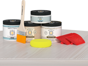 Retique It® white wash countertop kit for kitchen islands, featuring stain application on a modern white wash surface.