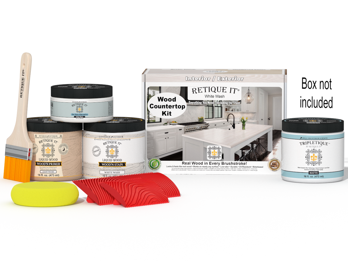 Retique It® White Wash countertop kit for kitchen islands, featuring stain application and natural wood finish.