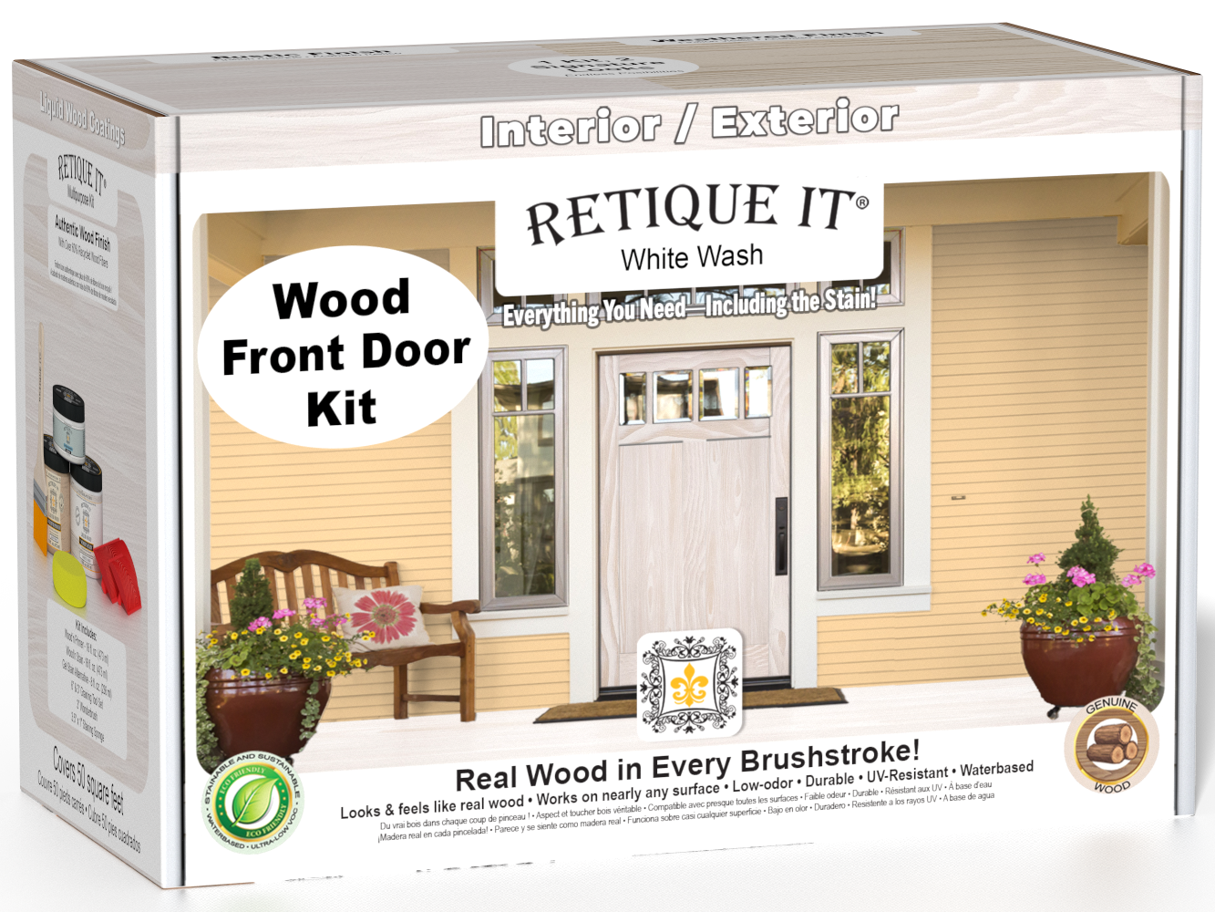 Retique It Wood'n Finish Front Door Kit in White Wash stain, showing the sealed wood surface and application tools in the box.