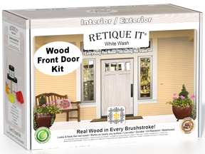 Retique It Wood'n Finish Front Door Kit in White Wash stain, showing the sealed wood surface and application tools in the box.