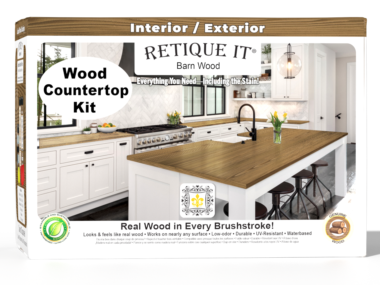 Retique It® Barn Wood countertop kit with stains, featuring a natural wood finish and textured surface for full kitchen countertops.