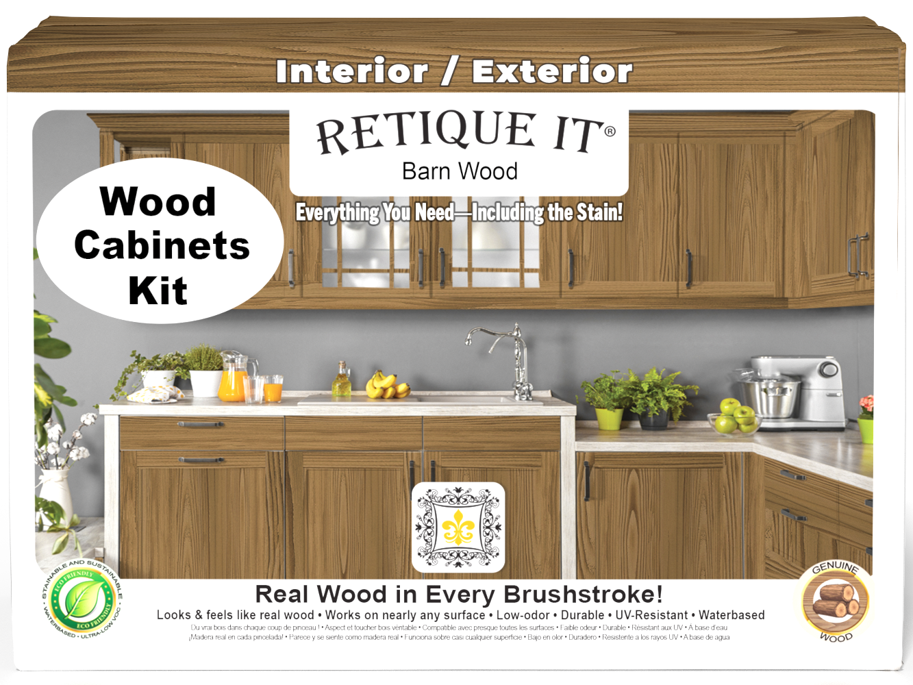 Retique It® Wood'n Cabinet Kit with 12 barn wood-grained doors, showcasing stained cabinet fronts in a natural wood finish.