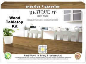 Retique It® Wood'n Finish Kit with four large bottles of barn wood stain for tabletops, showing the stained wood surface.
