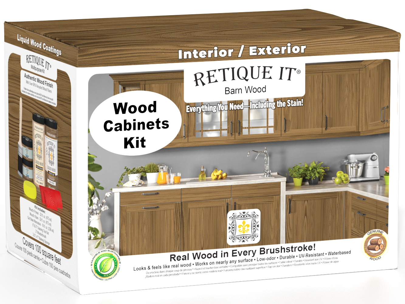 Retique It® Wood'n Cabinet Kit with 12 barn wood grain stained cabinet doors, showcasing the textured, rustic wood finish.