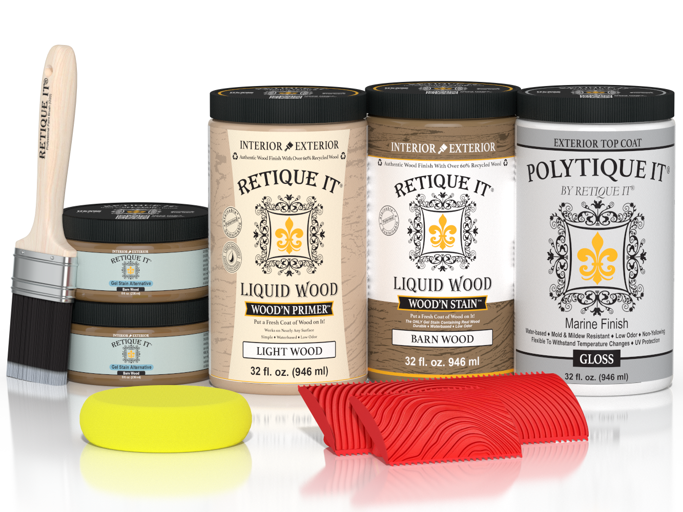 Large Barn Wood'n Kit exterior topcoat by Retique It with gloss finish, featuring wood stain and finishing products in the image.
