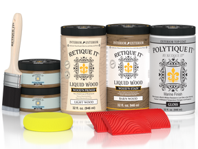 Large Barn Wood'n Kit exterior topcoat by Retique It with gloss finish, featuring wood stain and finishing products in the image.