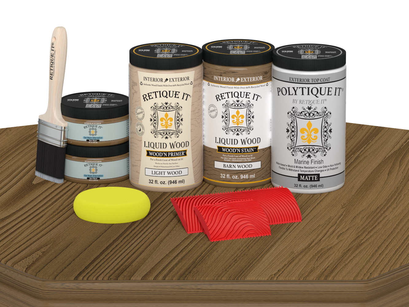 Retique It Wood'n Kit Large Barn Wood exterior topcoat finish kit with matte finish, shown on a wooden table.