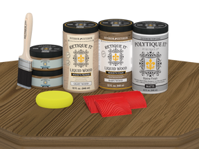 Retique It Wood'n Kit Large Barn Wood exterior topcoat finish kit with matte finish, shown on a wooden table.